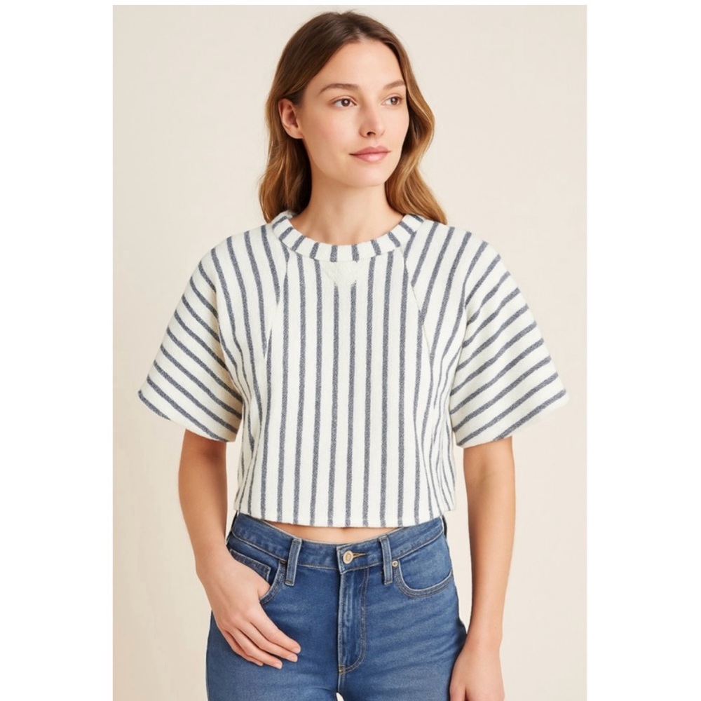 Anthropologie Dolan Coastal Stripes Terry
Frayed Cropped Pullover Top